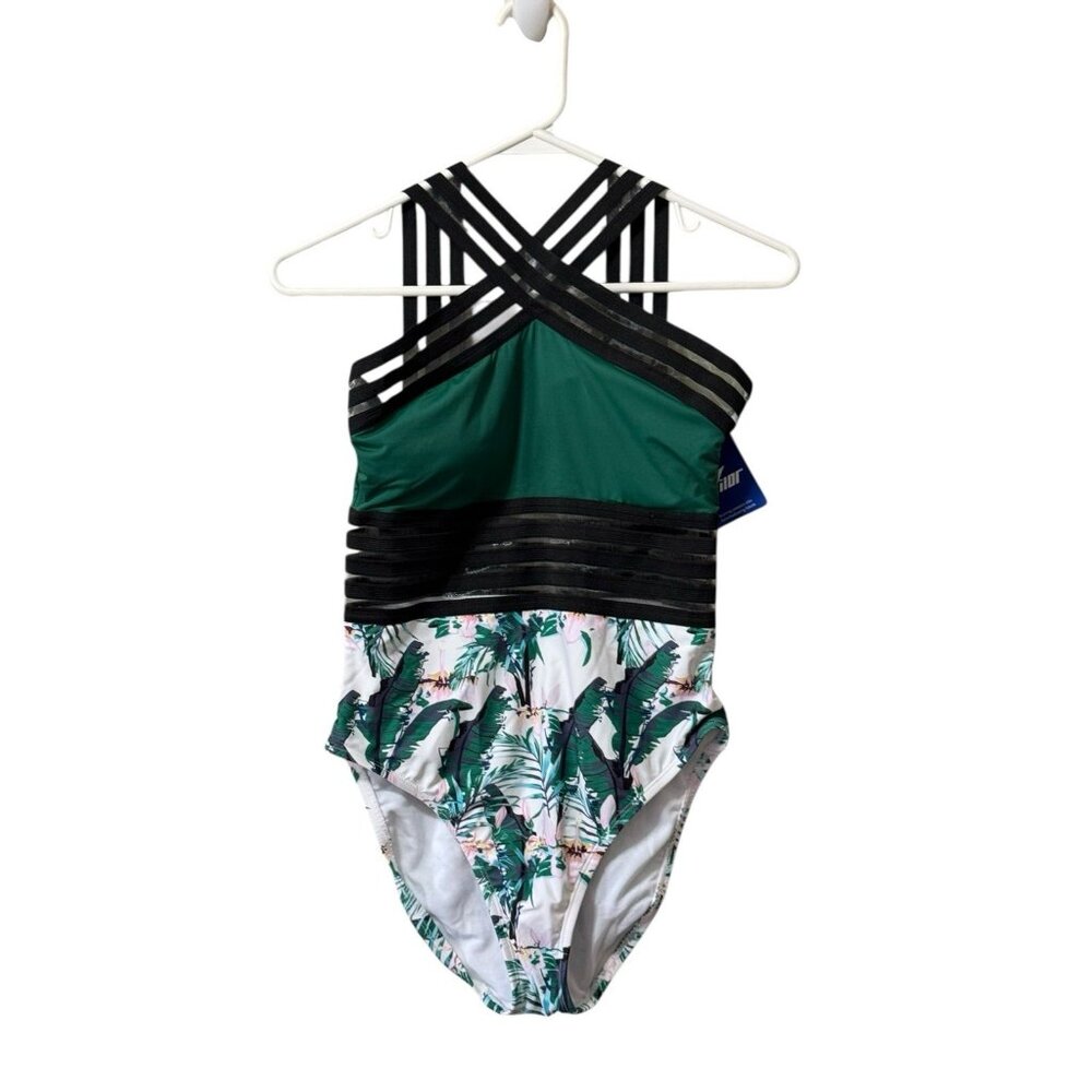 Hilor Swimsuit Size S/4-6 Green Tropical Hawaiian Beach One Piece‎ Beach NWT